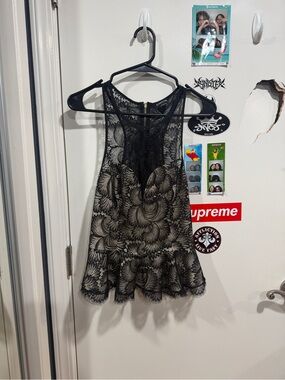 Vintage Y2K Bebe Black Lace Babydoll Peplum Top Sheer Mesh Coquette Ruffle Tank